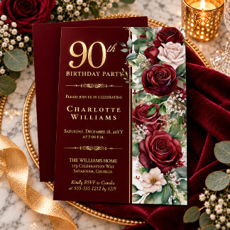 Elegante Burgunder-Weinrose Floral 90. Geburtstag Folieneinladung