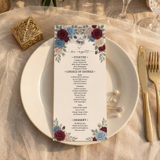 Elegante Burgunderrosen-Hochzeitsmenü Menükarte