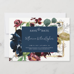Elegante Burgunderrot-Navy-Blau-Blumen-Hochzeit im Save The Date