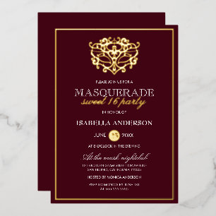 Elegante Burgunderrot und Gold Maskenball Süße 16  Folieneinladung