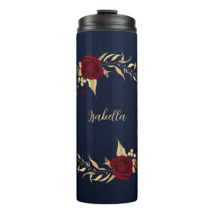 Elegante burgunderrote Blumen gold navy Thermosbecher