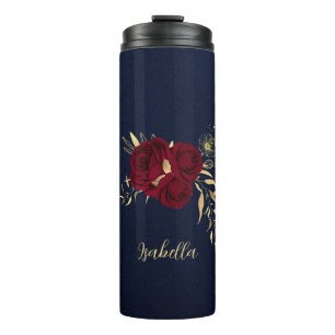 Elegante burgunderrote Blumen gold navy Thermosbecher