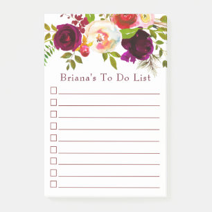 Elegante burgunderrote Blumen-Hochzeits-To-Do-List Post-it Klebezettel