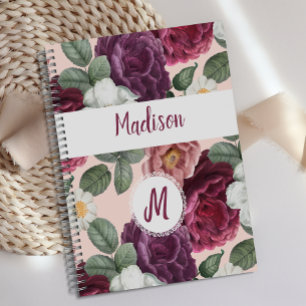 Elegante burgunderrote Blumen Trend Monogramm Planer