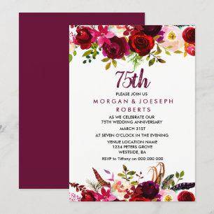 Elegante burgunderrote Blumen zum 75. Hochzeitstag Einladung
