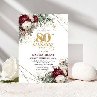 Elegante burgunderrote Blumen zum 80. Geburtstag Einladung