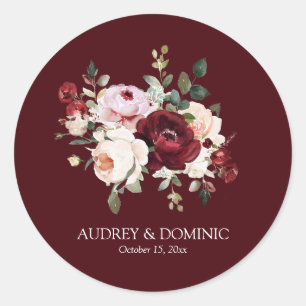 Elegante burgunderrote blumige Hochzeit Runder Aufkleber