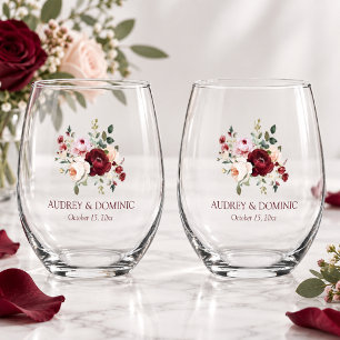 Elegante burgunderrote blumige Hochzeit Weinglas Ohne Stiel