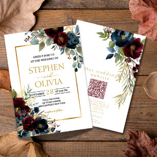 Elegante burgunderrote Blütenhochzeit mit QR-Detai Einladung