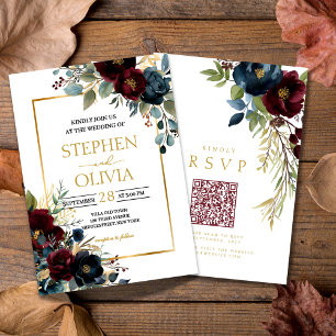 Elegante burgunderrote Blütenhochzeit QR-RSVP Einladung