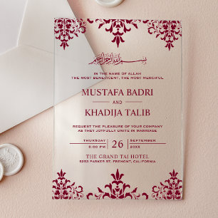 Elegante burgunderrote Damast-islamische Hochzeit Acryleinladungen