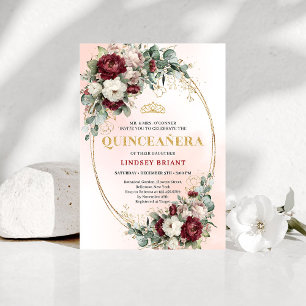 Elegante burgunderrote Floral Gold Quinceañera-Ein Einladung