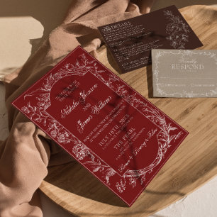 Elegante burgunderrote florale bohemianische botan einladung