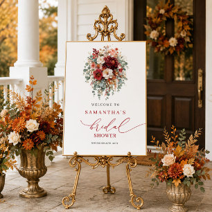 Elegante burgunderrote florale Herbst-Brautparty Poster