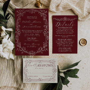 Elegante burgunderrote, florale, romantische Hochz Einladung