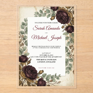 Elegante burgunderrote florale Vintage-Hochzeits-E Acryleinladungen