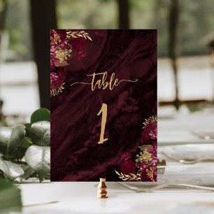 Elegante burgunderrote goldene Blumenhochzeit Tischnummer