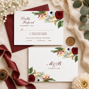 Elegante Burgunderrote & Goldene Florale Schrift H RSVP Karte