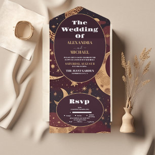 Elegante burgunderrote goldene himmlische Hochzeit All In One Einladung