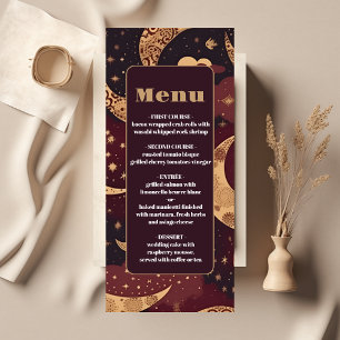 Elegante burgunderrote goldene himmlische Hochzeit Menükarte