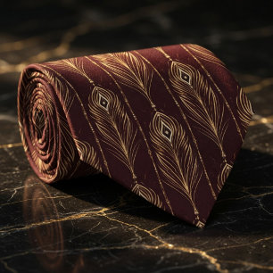 Elegante Burgunderrote & Goldene Pfauenfeder Krawatte