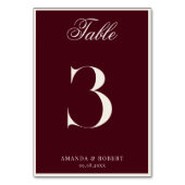 Elegante burgunderrote Hochzeit im Stil des alten  Tischnummer (Rückseite)