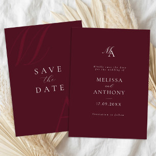 Elegante burgunderrote moderne Hochzeit mit Monogr Save The Date
