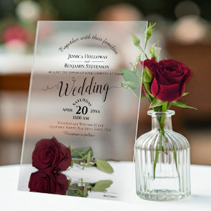 Elegante burgunderrote Rosen-Lackier-Hochzeit Acryleinladungen
