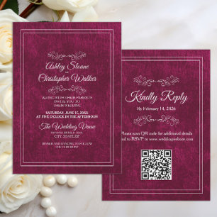 Elegante burgunderrote Samt-Hochzeit mit weißem QR Einladung