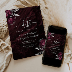 Elegante burgunderrote silberne Blumenschrift Hoch Einladung