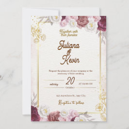 Elegante burgunderrote und goldene Blumenhochzeits Einladung