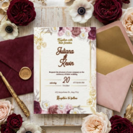 Elegante burgunderrote und goldene Blumenhochzeits Einladung