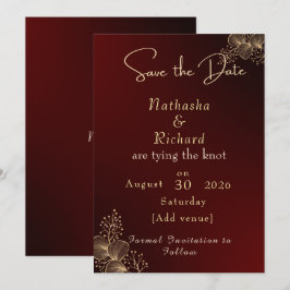 Elegante burgunderrote und goldene florale Hochzei Save The Date