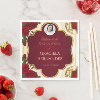Elegante Burgunderrote und goldene Rosen-Quinceañe Serviette