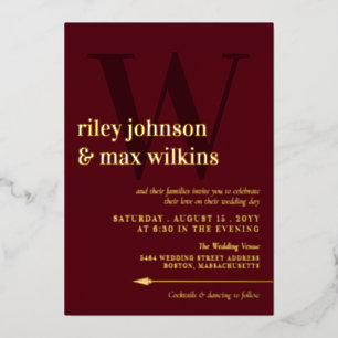 Elegante burgunderrote und goldene Typografie Pfei Folieneinladung