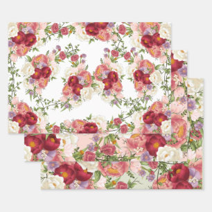 Elegante burgunderrote und rosafarbene Floral-Hoch Geschenkpapier Set