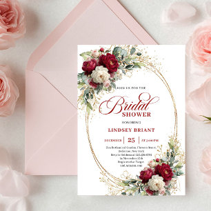Elegante Burgunderweiße Florale Goldene Hochzeitsd Einladung