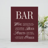 Elegante Burgundy Bar Menu Drinks Wedding Tabletop (Stehend Vorderseite)