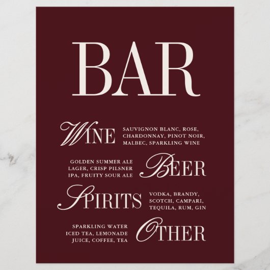 Elegante Burgundy Bar Menu Drinks Wedding Tabletop (Vorderseite)