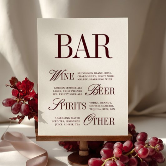 Elegante Burgundy Bar Menu Drinks Wedding Tabletop
