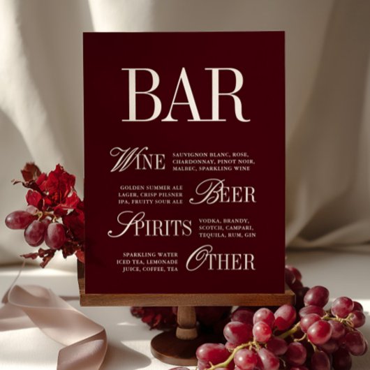 Elegante Burgundy Bar Menu Drinks Wedding Tabletop