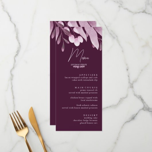 Elegante Burgundy Big Leaf Wedding Menu Cards Menükarte (Vorderseite/Rückseite Beispiel)