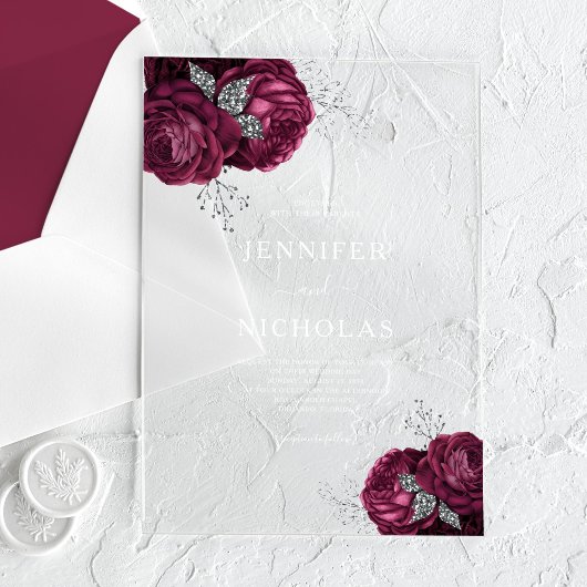 Elegante Burgundy Bloral Peonies Wedding Acryleinladungen