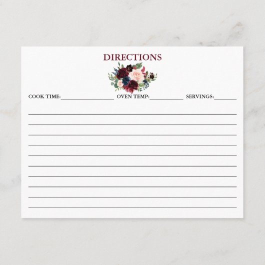 Elegante Burgundy Blue Floral Shower Rezeptkarte Hinweiskarte (Rückseite)