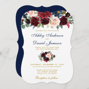 Elegante Burgundy Blue Watercolor Floral Wedding B Einladung