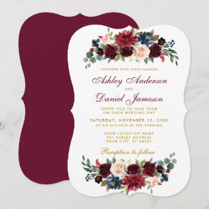 Elegante Burgundy Blue Watercolor Floral Wedding B Einladung