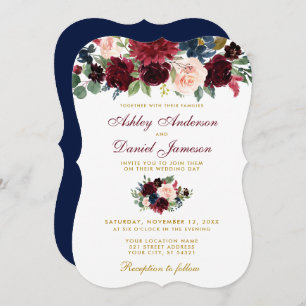 Elegante Burgundy Blue Watercolor Floral Wedding B Einladung