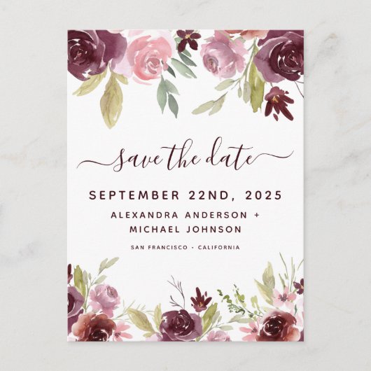Elegante Burgundy Blume Save the Date floral Ankündigungspostkarte (Vorderseite)