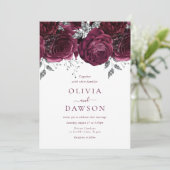 Elegante Burgundy Blume & Silberhochzeit Einladung (Stehend Vorderseite)