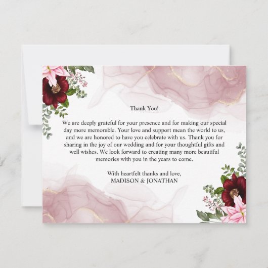Elegante Burgundy Blume Wedding Dankeskarte (Rückseite)